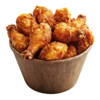 Crispy fried chicken pieces served in a rustic wooden bowl for a delicious meal experience isolated on transparent background. png