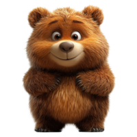 Cute animated bear character smiles while standing in a whimsical forest setting surrounded by tall trees isolated on transparent background. png