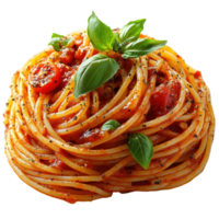 Delicious plate of spaghetti with fresh tomatoes and basil in a stylish presentation isolated on transparent background. png