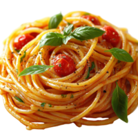 Delicious spaghetti with fresh basil and cherry tomatoes served in a rustic setting isolated on transparent background. png