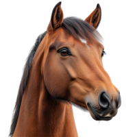 Close-up of a brown horse with a shiny coat and expressive eyes in a neutral background setting isolated on transparent background. png