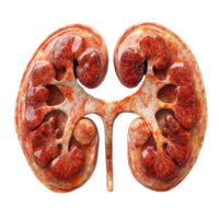 Detailed anatomical model of human kidneys displaying distinct lobes and vascular system isolated on transparent background. png
