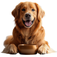Golden retriever happily lying down with a bowl in front in a bright and cheerful setting isolated on transparent background. png