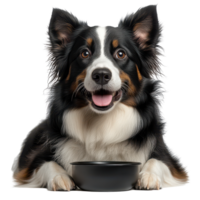 A happy border collie sits in front of a black bowl with an excited expression, ready for mealtime at home isolated on transparent background. png