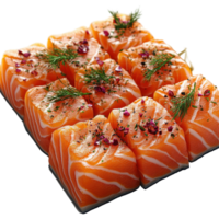 Fresh salmon slices garnished with herbs arranged neatly on a white platter for an elegant dining experience isolated on transparent background. png