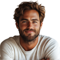 Smiling young man with curly hair enjoys a moment of relaxation in a casual setting isolated on transparent background. png