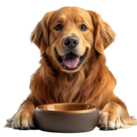 Happy golden retriever with bowl at home, showcasing friendly demeanor and playful spirit isolated on transparent background. png
