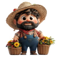 Friendly farmer character with baskets of flowers in a vibrant, animated style isolated on transparent background. png