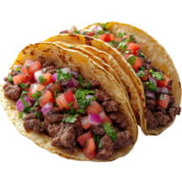 Delicious beef tacos filled with fresh toppings served on warm tortillas in a vibrant setting isolated on transparent background. png