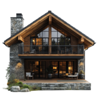 Modern mountain chalet featuring wooden and stone architecture with large windows and a balcony overlooking nature isolated on transparent background. png