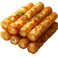 Delicious cheese sticks piled on a white background, showcasing a crispy golden texture and garnished with herbs isolated on transparent background. png