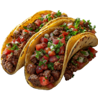 Delicious beef tacos filled with fresh toppings served on a white background isolated on transparent background. png