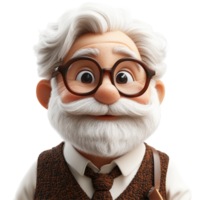 vieux homme avec blanc barbe et des lunettes sourit chaleureusement dans une espiègle Animé style sur une blanc Contexte isolé sur transparent Contexte. png