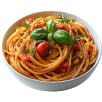 Fresh spaghetti with tomato sauce and basil served in a white bowl on a wooden table isolated on transparent background. png