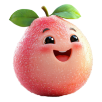 Cute cartoon fruit character with a smiling face and green leaves in a playful design isolated on transparent background. png