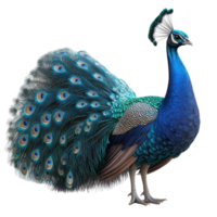 Vibrant peacock displaying its colorful feathers in a natural setting during daylight hours isolated on transparent background. png