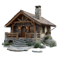 Rustic stone cottage with wooden accents and charming landscaping in a tranquil setting isolated on transparent background. png