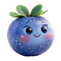 Cute cartoon blueberry character with big eyes and happy expression showcasing a joyful design in a vibrant style isolated on transparent background. png