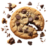 Delicious chocolate chip cookie with bite taken and crumbs scattered on white background isolated on transparent background. png