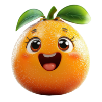 Cheerful animated orange with big eyes and a smiling face showcasing playful fruit character design isolated on transparent background. png