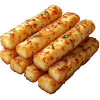 Cheesy breadsticks baked to perfection, displaying a golden brown crust with herbs on top isolated on transparent background. png