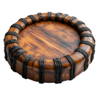 Wooden drum with intricately designed edges resting on a flat surface isolated on transparent background. png