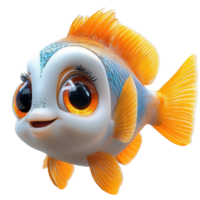 Cute animated fish with big eyes swimming joyfully in a colorful underwater environment during a bright daylight setting isolated on transparent background. png