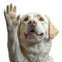 Friendly dog raises paw while sitting calmly against a plain background, showcasing a playful and loving demeanor isolated on transparent background. png