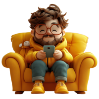 Young man enjoys leisure time on a yellow couch while using a smartphone in a cozy indoor setting isolated on transparent background. png