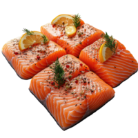 Fresh salmon fillets garnished with lemon and herbs ready for cooking and presentation isolated on transparent background. png