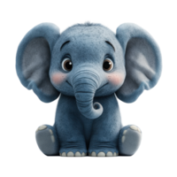 Cute cartoon elephant character sitting and smiling with big eyes and fluffy fur in a playful pose isolated on transparent background. png