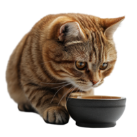 Smart cat curiously investigates a small bowl placed on a plain surface in a well-lit indoor setting isolated on transparent background. png