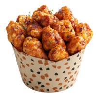 Crispy chicken bites served in a decorative container at a fun casual dining spot with vibrant decor isolated on transparent background. png