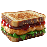 Unique sandwich featuring peanut butter, jelly, and lettuce on toasted bread served in a simple dining setting isolated on transparent background. png