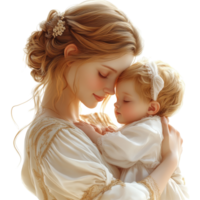 Mother holds her sleeping child close in a tender moment of affection in a softly lit room isolated on transparent background. png