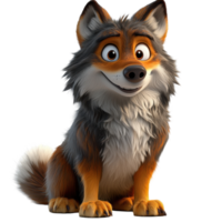 Cartoon wolf character sitting happily in a playful pose, showcasing vivid colors and friendly expression, ideal for animations isolated on transparent background. png