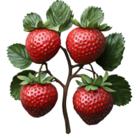 Juicy strawberries growing on a vine with lush green leaves in a well-lit setting isolated on transparent background. png