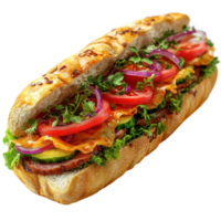 Delicious sandwich filled with fresh vegetables and herbs on a crusty bread roll prepared in a vibrant kitchen setting isolated on transparent background. png