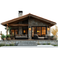 Cozy stone cottage with a welcoming porch illuminated at dusk surrounded by greenery in a serene setting isolated on transparent background. png