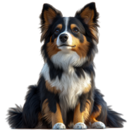 Black and brown fluffy dog sitting calmly with an attentive expression in a bright, neutral setting isolated on transparent background. png