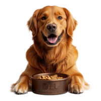Golden retriever enjoying meal from bowl at home during daylight hours with a cheerful expression isolated on transparent background. png