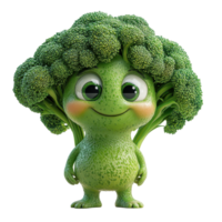 Cute cartoon broccoli character stands cheerfully with a joyful expression in a playful garden setting isolated on transparent background. png