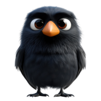 Cute black cartoon bird with large eyes and small beak standing in a neutral background isolated on transparent background. png