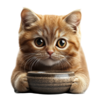 Cute orange tabby kitten curiously peeking at a small food bowl in a bright indoor setting during the afternoon isolated on transparent background. png