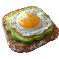 Delicious avocado toast topped with a perfectly fried egg and seasonings in a bright kitchen setting isolated on transparent background. png