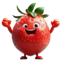 Cheerful cartoon strawberry character celebrates with arms raised in a joyful pose isolated on transparent background. png