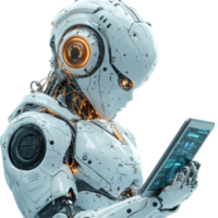 Futuristic robot interacts with a tablet displaying data in a high-tech environment isolated on transparent background. png