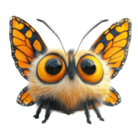 Unique furry insect with large eyes and vibrant orange wings showcases natural beauty in a bright setting isolated on transparent background. png
