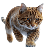 Dynamic brown tabby cat explores with curious eyes and a swift stride in a bright, natural setting isolated on transparent background. png