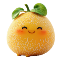 Happy cartoon melon character with smiling face and green leaf on top in a playful design isolated on transparent background. png